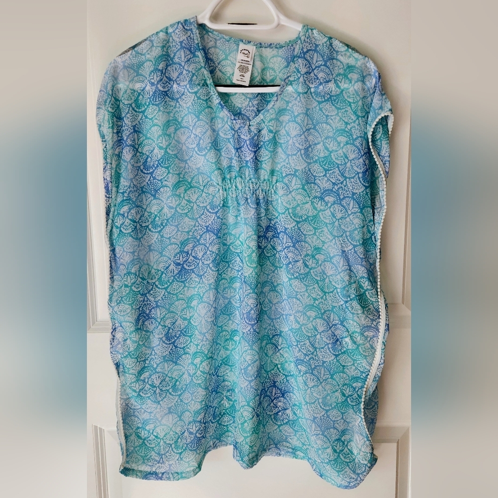 Summer Crush | Tropical Blue Pom-Pom Trim Swim Cover-Up | Girls Large